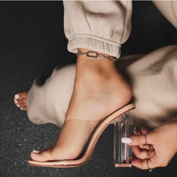 My Poshtique Shoes - !! RESTOCKED !! Transparent Peep Toe Block Mule Heels in Nude